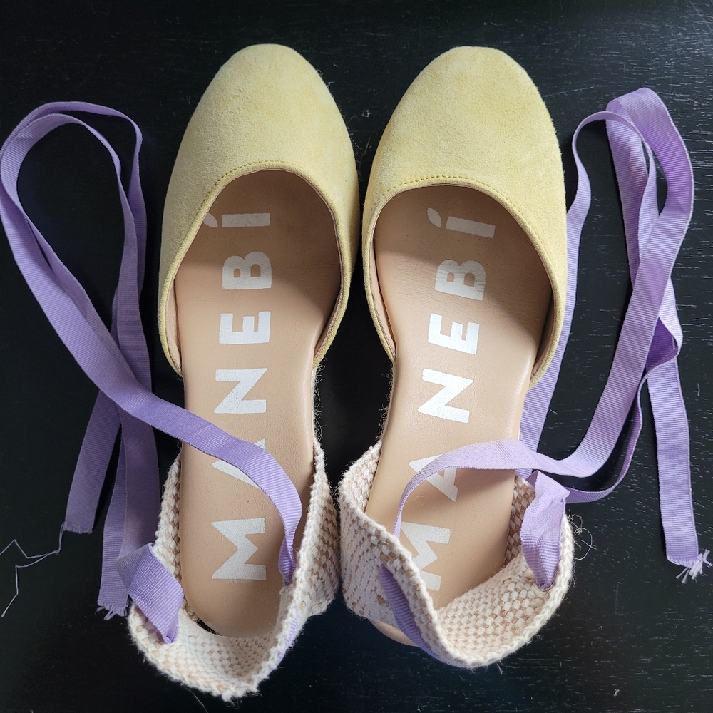 Manebi suede wedge espadrille with ties. Size 38/7.5us yellow and lavender